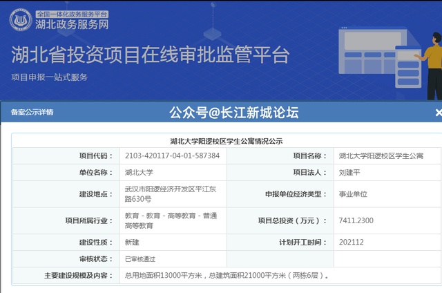 总投资7411万元,湖北大学阳逻校区扩建学生公寓